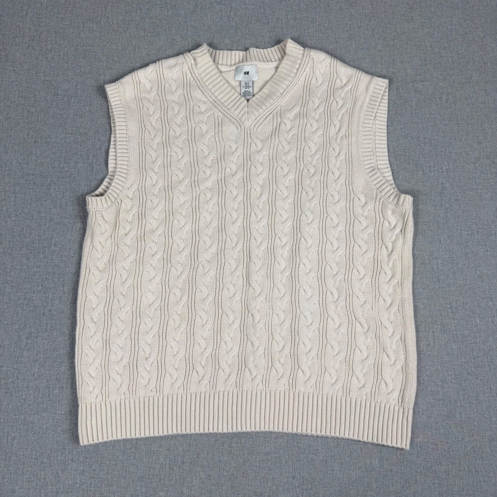 HM Cream Cable Knit Sweater Vest Mens Medium Ivory Cotton V-Neck Preppy